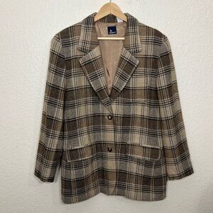 90’s Vintage Liz Claiborne Plaid Structured Wool Blend Blazer Tan Brown Size 12